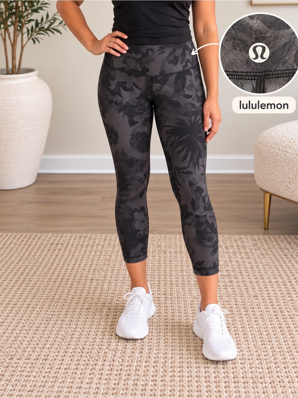 2 Lululemon Crop Leggings Bundle | 2 Pairs | Floral + Charcoal | Capri Length